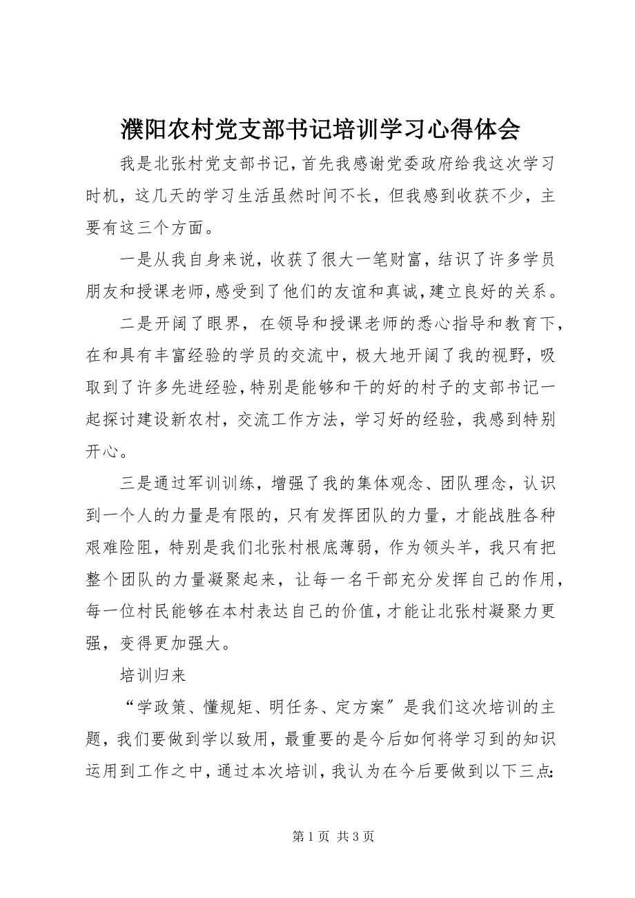 2023年濮阳农村党支部书记培训学习心得体会.docx_第1页