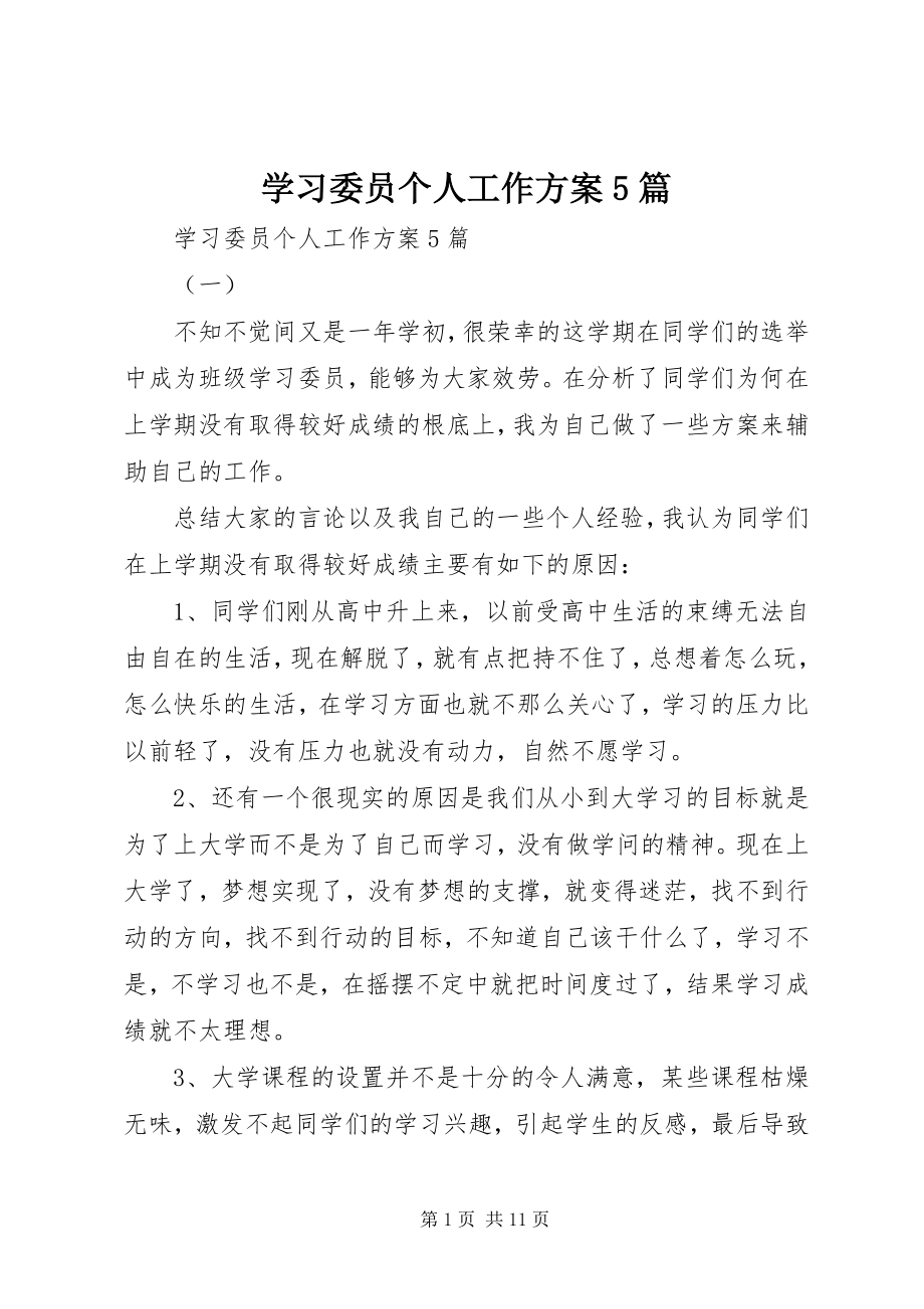 2023年学习委员个人工作计划5篇.docx_第1页