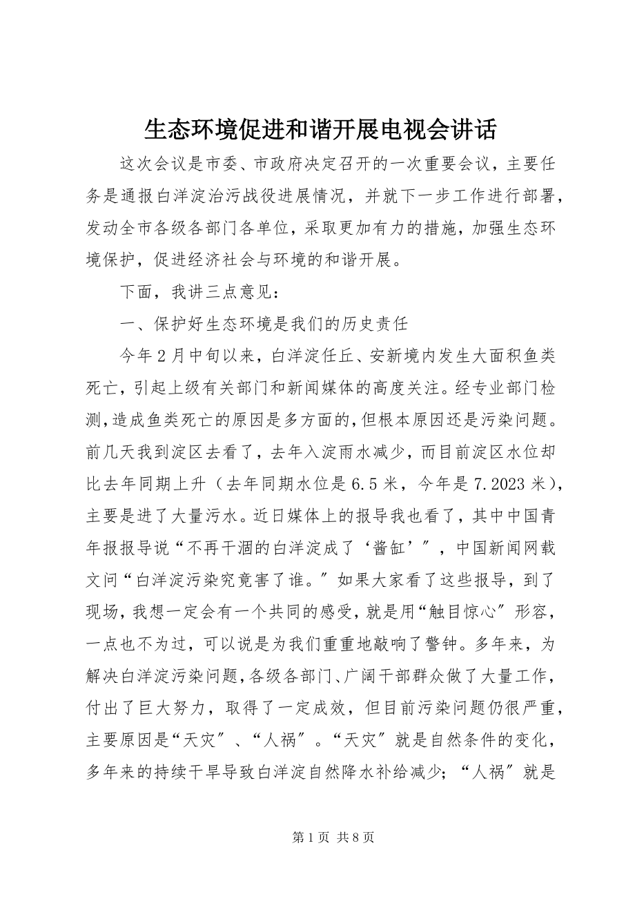 2023年生态环境促进和谐发展电视会致辞.docx_第1页