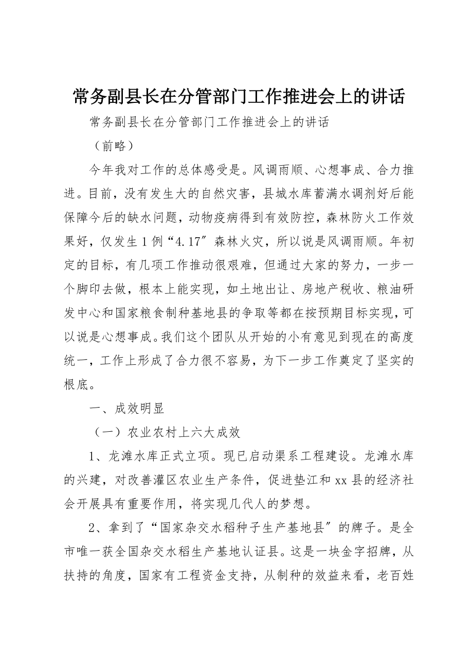 2023年常务副县长在分管部门工作推进会上的致辞新编.docx_第1页