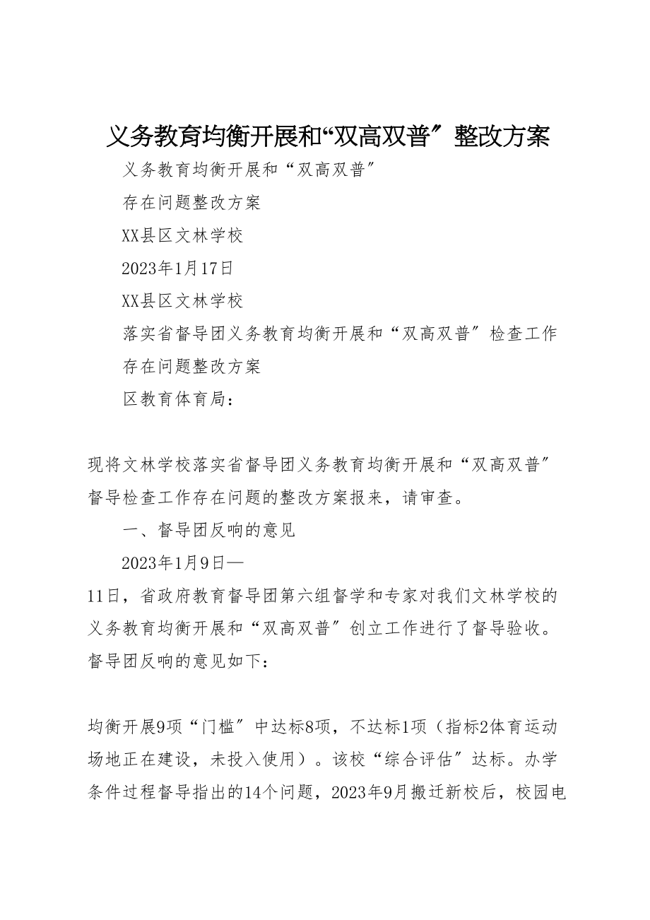 2023年义务教育均衡发展和双高双普整改方案.doc_第1页