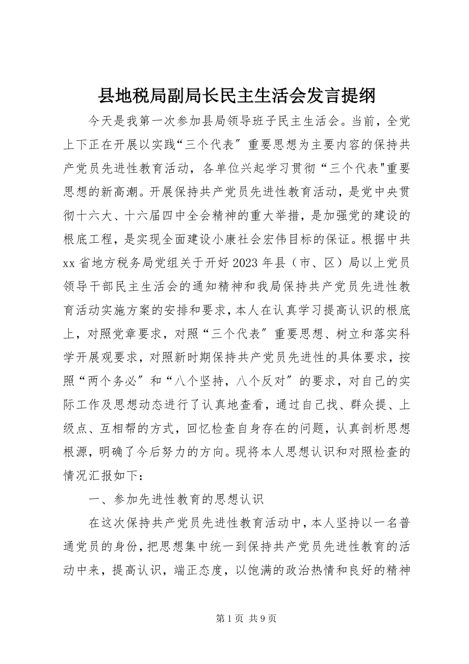 2023年县地税局副局长民主生活会讲话提纲.docx_第1页