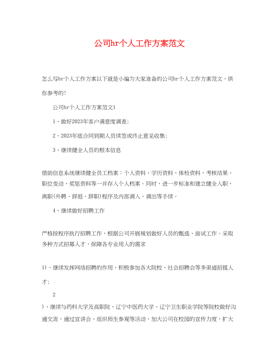 2023年公司hr个人工作计划.docx_第1页