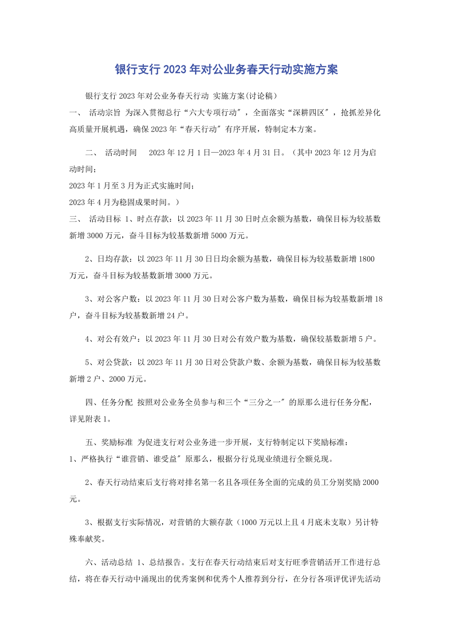 2023年银行支行对公业务春天行动实施方案.docx_第1页