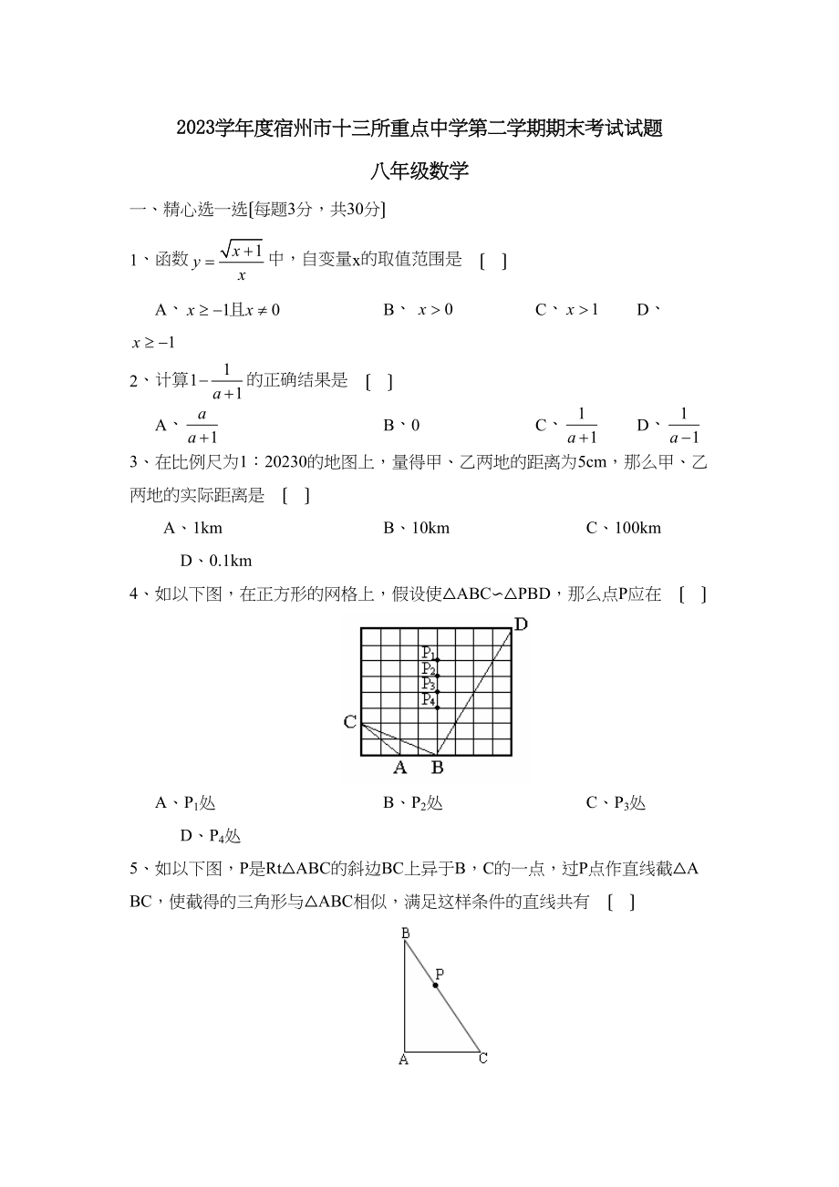 2023年度宿州市十三所重点第二学期八年级期末考试初中数学.docx_第1页