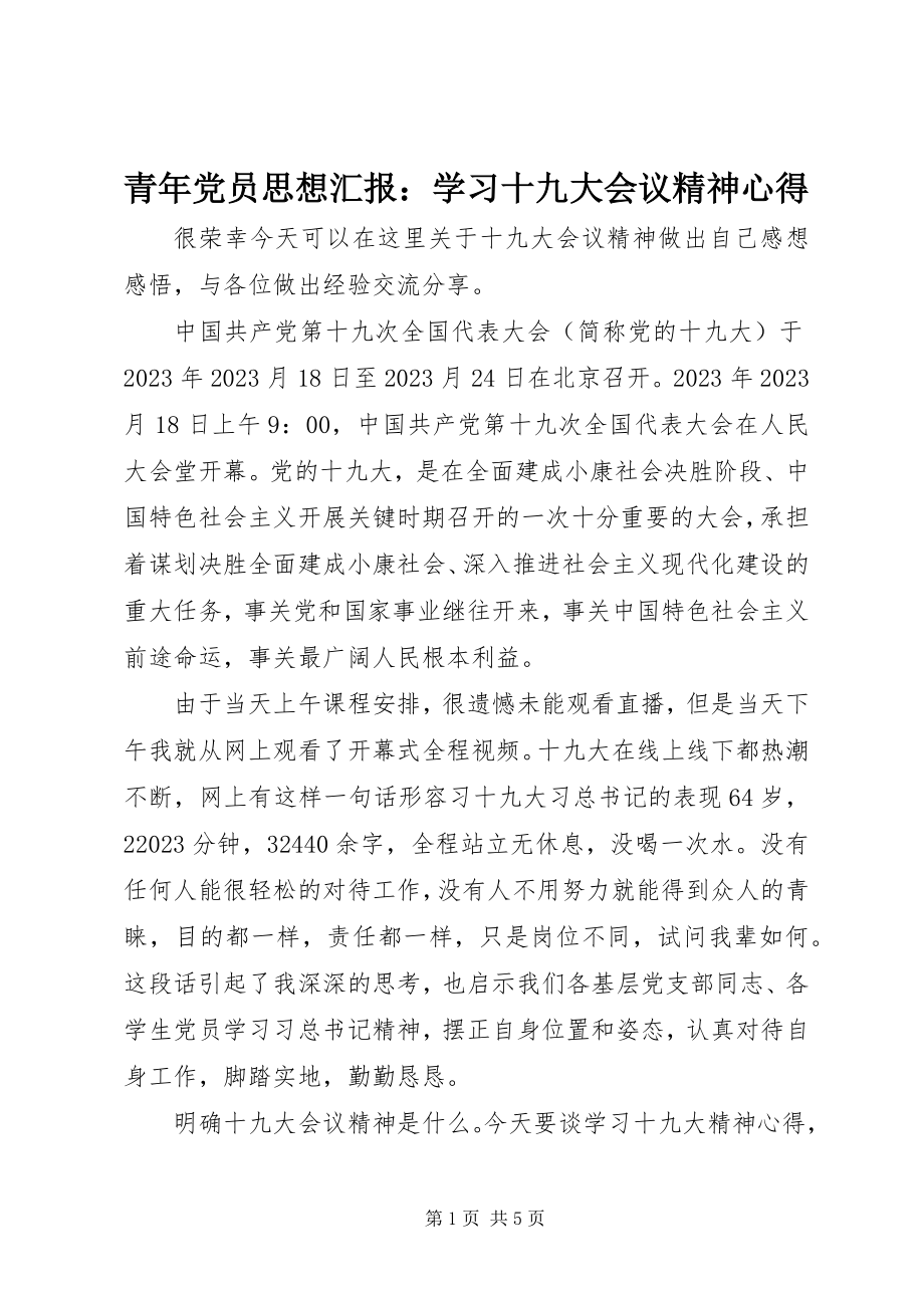 2023年青年党员思想汇报学习十九大会议精神心得.docx_第1页