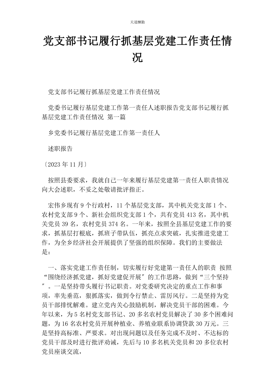 2023年党支部书记履行抓基层党建工作责任情况2.docx_第1页