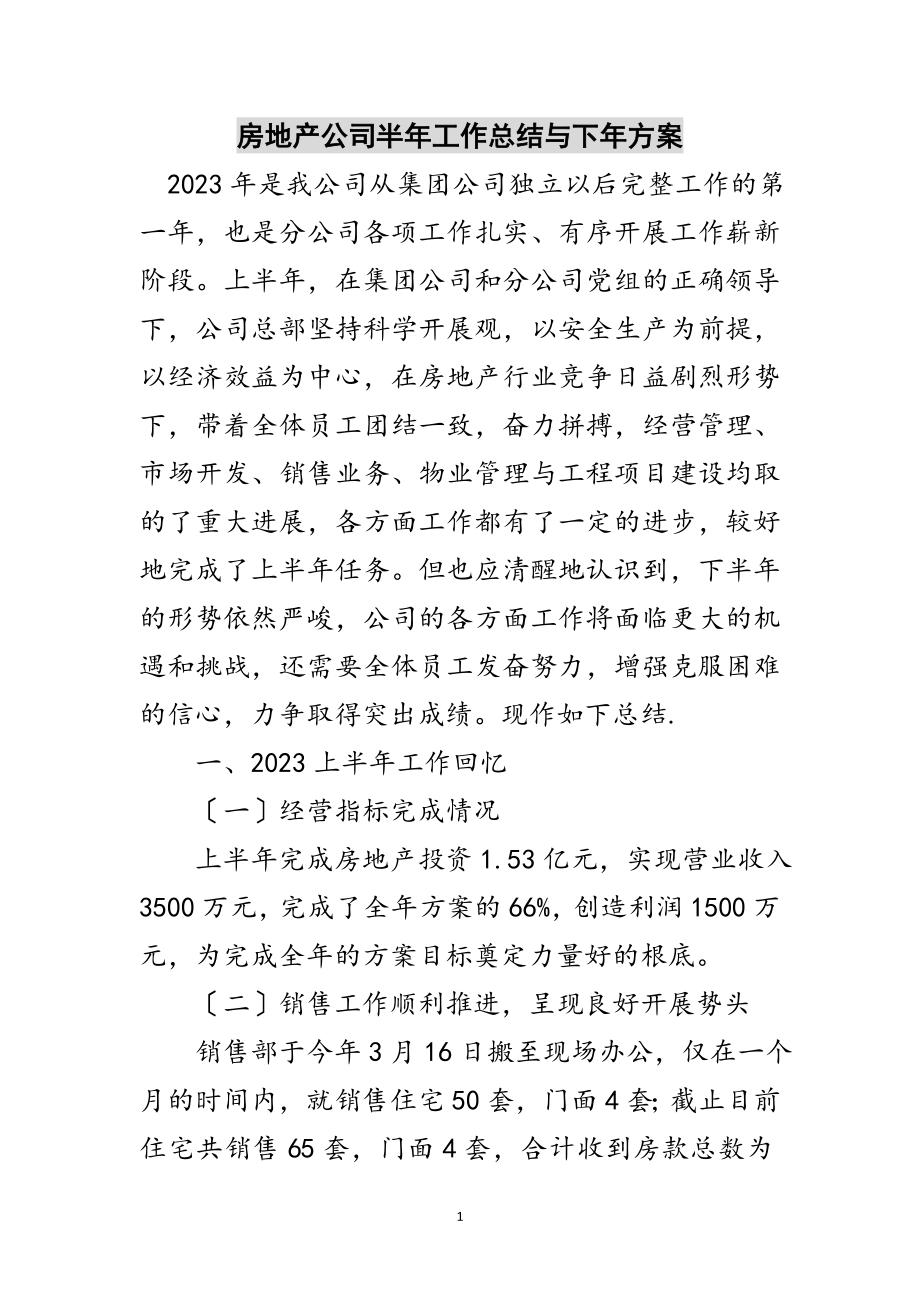 2023年房地产公司半年工作总结与下年计划范文.doc_第1页