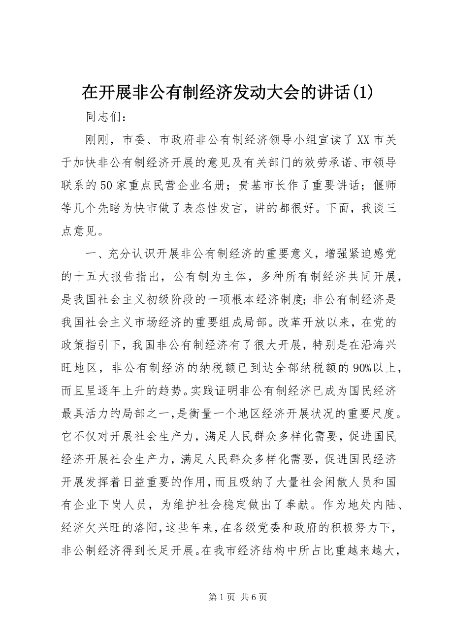 2023年在发展非公有制经济动员大会的致辞1.docx_第1页