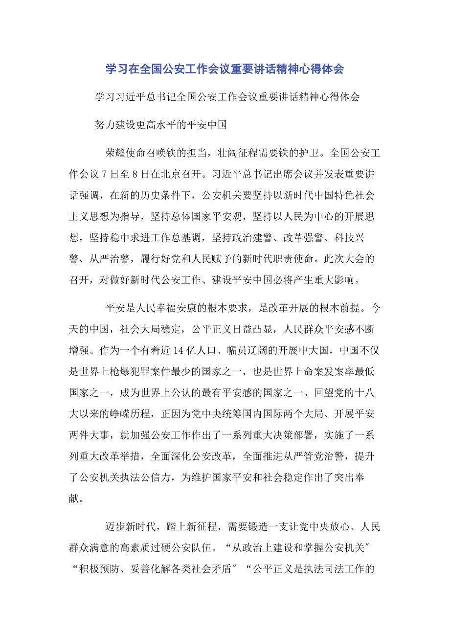 2023年学习在全国公安工作会议重要讲话精神心得体会2.docx_第1页