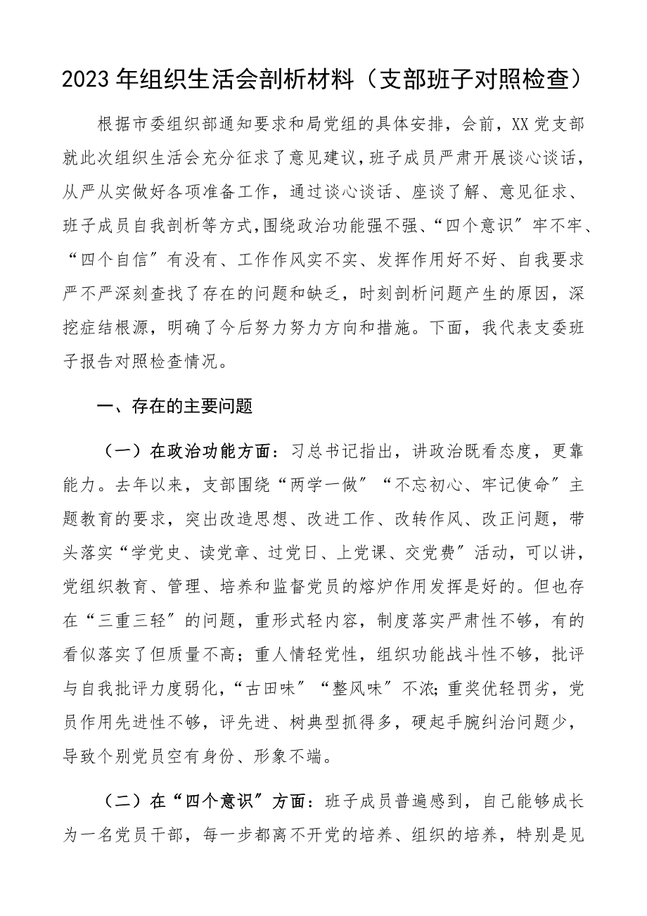 2023年组织生活会剖析材料支部班子对照检查.docx_第1页