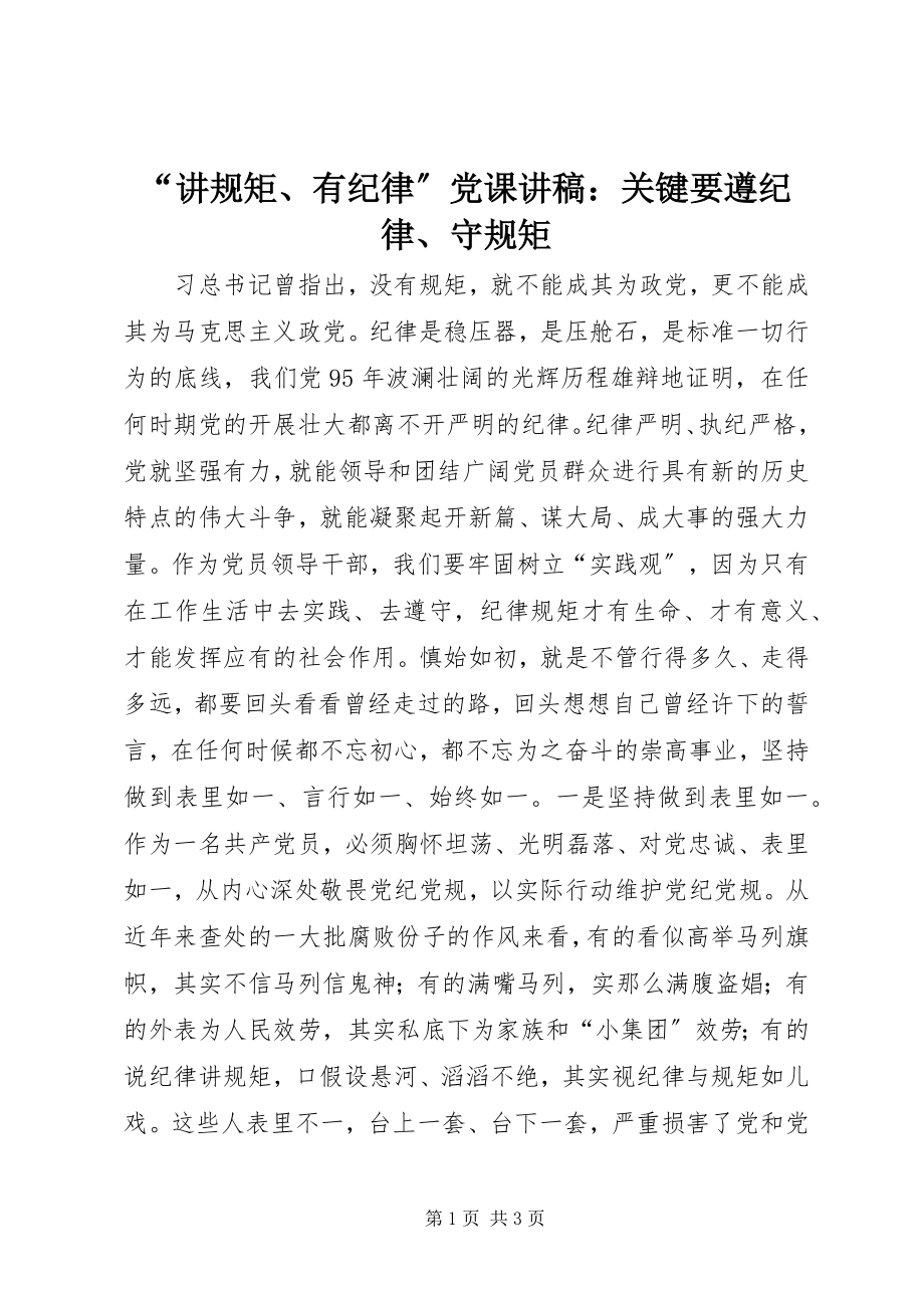 2023年讲规矩有纪律党课讲稿关键要遵纪律守规矩.docx_第1页