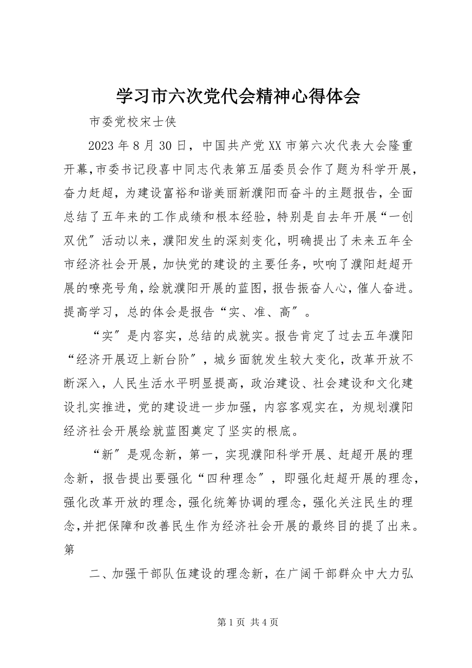 2023年学习市六次党代会精神心得体会.docx_第1页