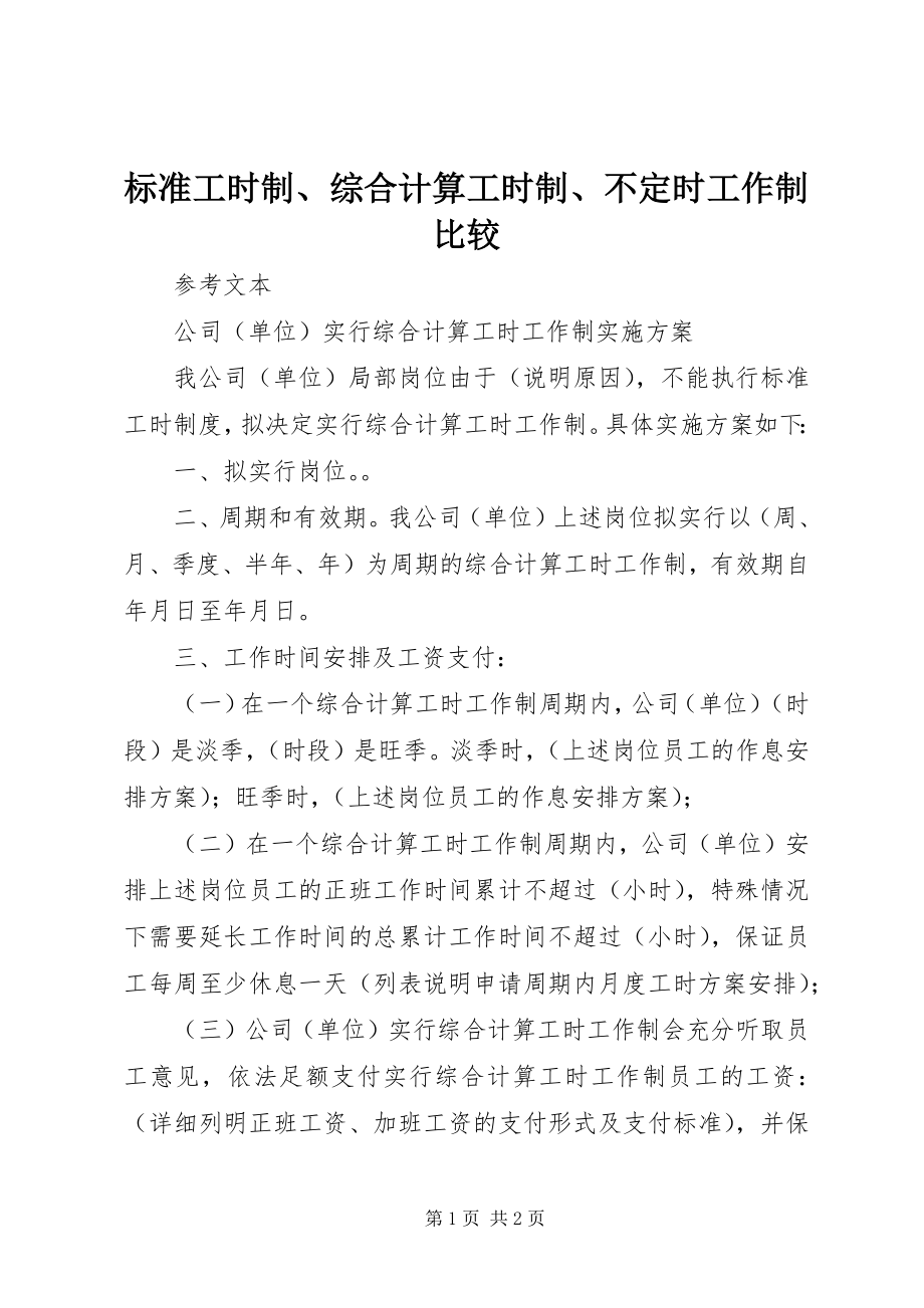 2023年标准工时制综合计算工时制不定时工作制比较新编.docx_第1页