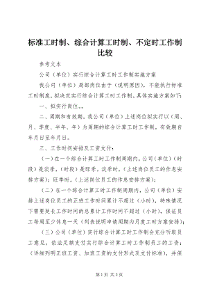 2023年标准工时制综合计算工时制不定时工作制比较新编.docx