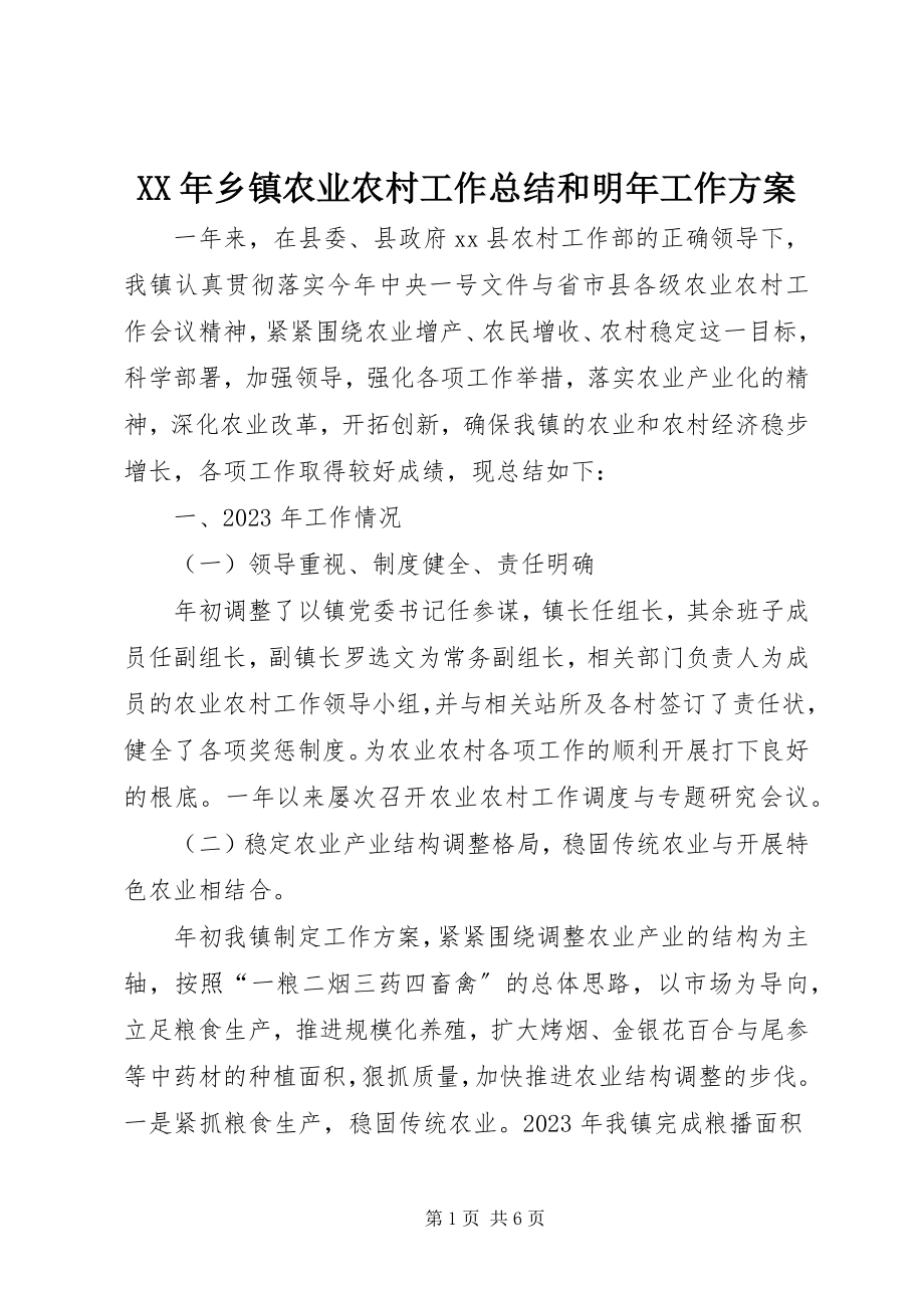 2023年乡镇农业农村工作总结和明年工作计划.docx_第1页