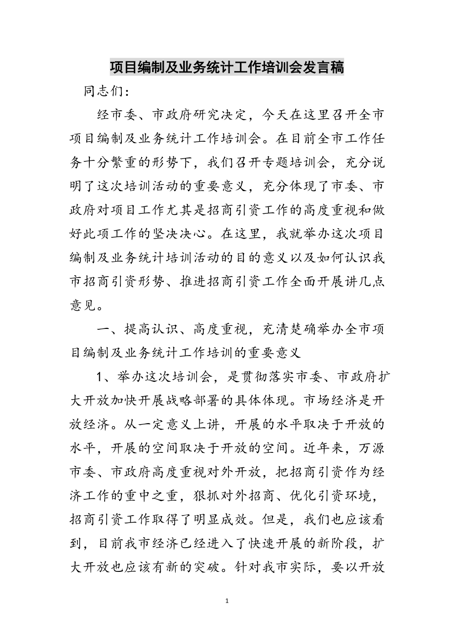 2023年项目编制及业务统计工作培训会发言稿范文.doc_第1页