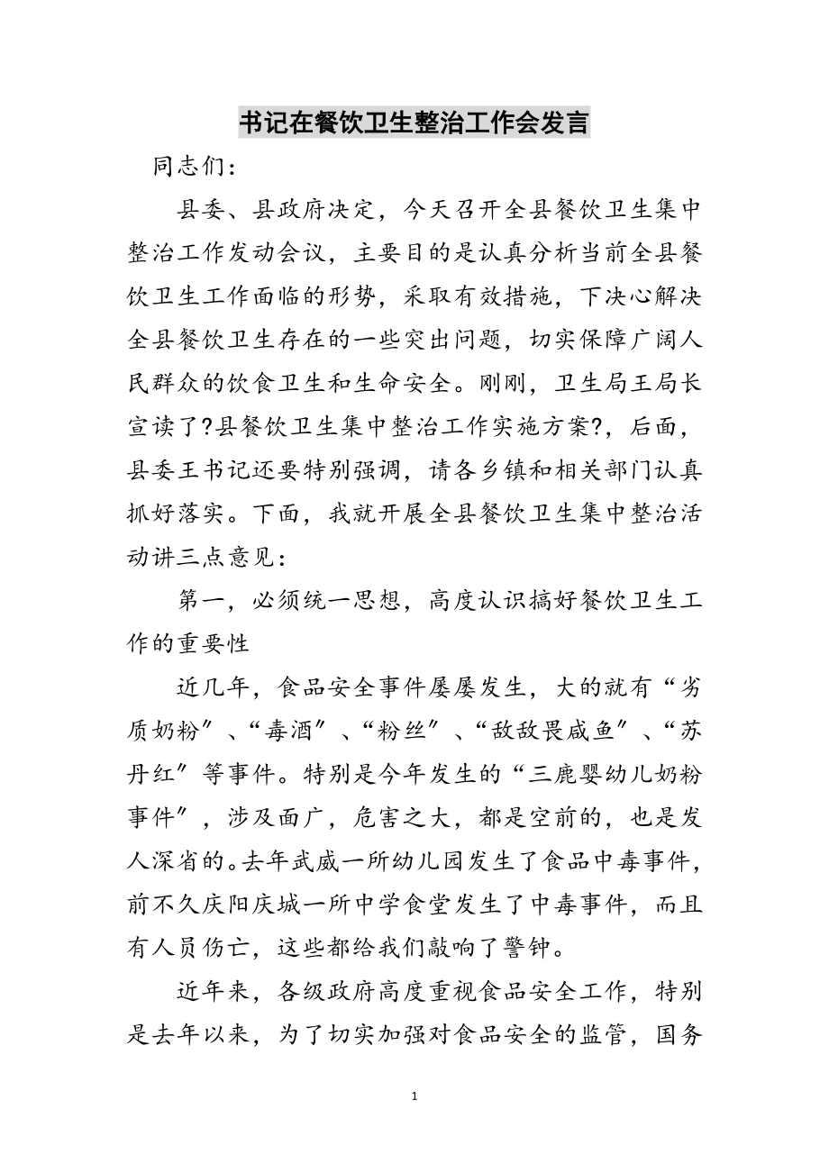 2023年书记在餐饮卫生整治工作会发言范文.doc_第1页