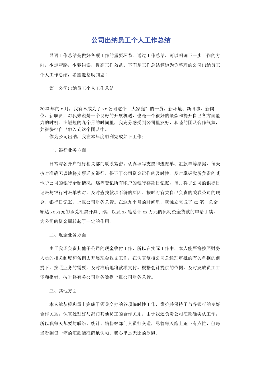 2023年公司出纳员工个人工作总结.docx_第1页