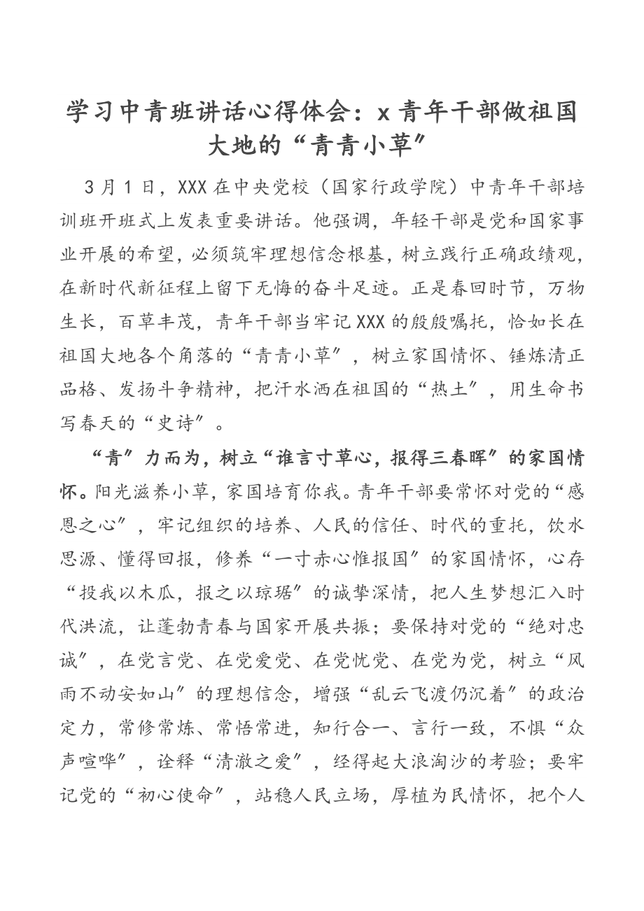 2023年学习中青班讲话心得体会xx青年干部做祖国大地的“青青小草”.docx_第1页