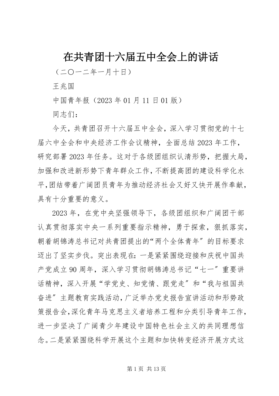 2023年在共青团十六届五中全会上的致辞.docx_第1页