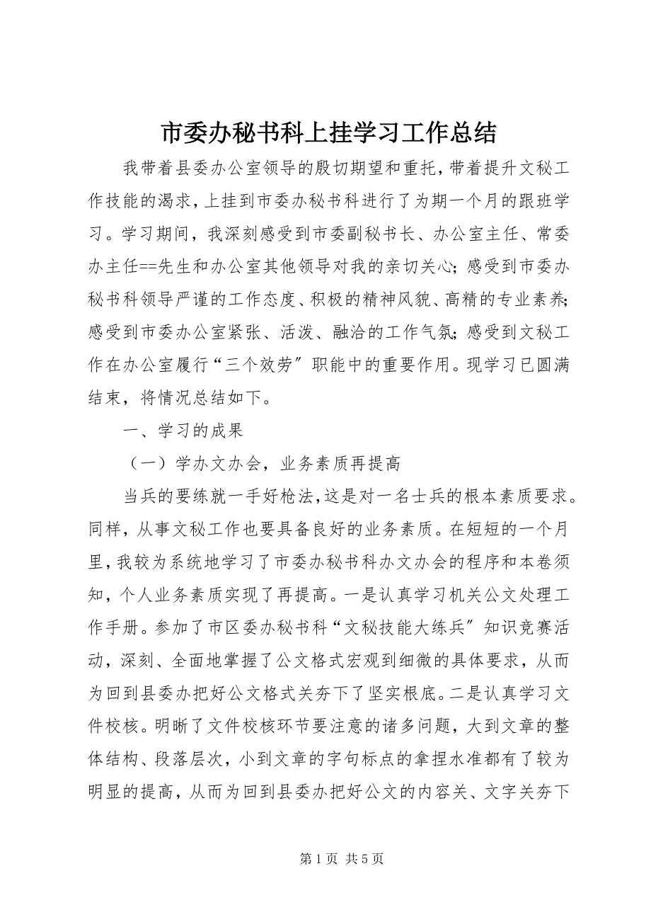 2023年市委办秘书科上挂学习工作总结.docx_第1页