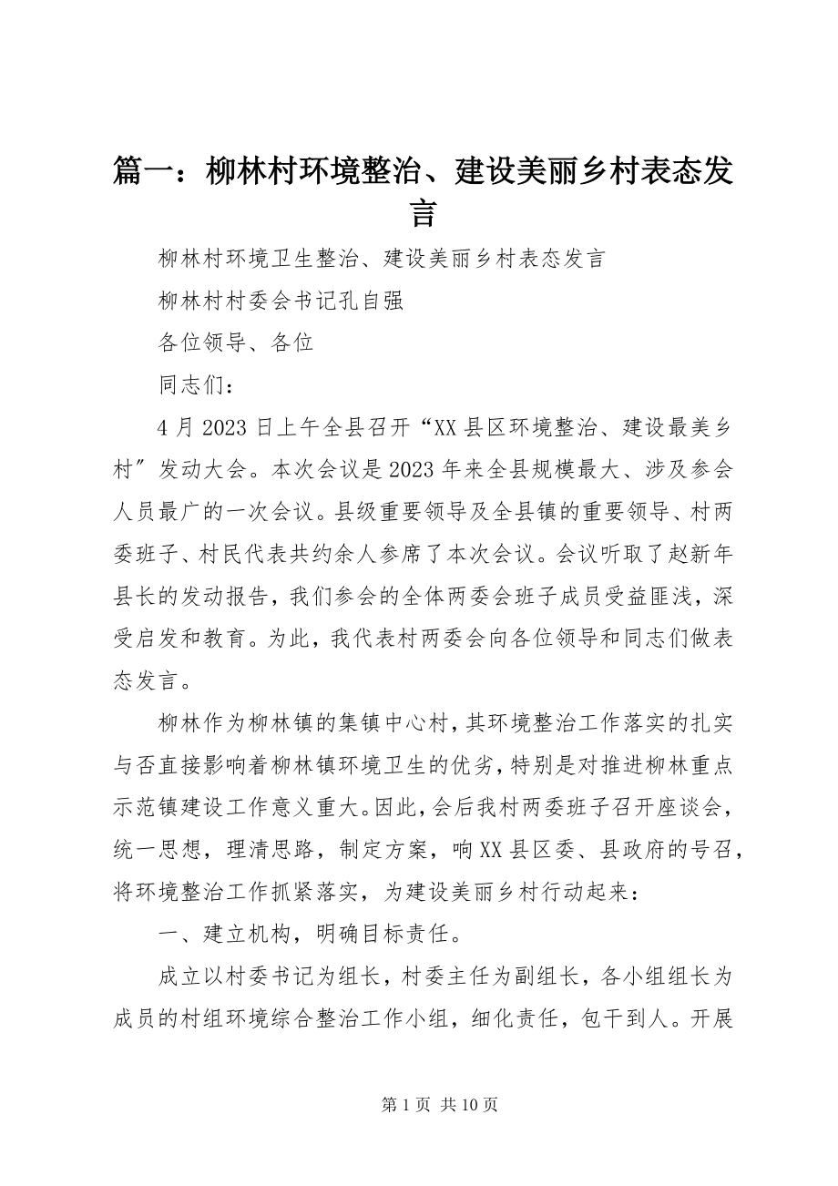 2023年柳林村环境整治建设美丽乡村表态讲话.docx_第1页