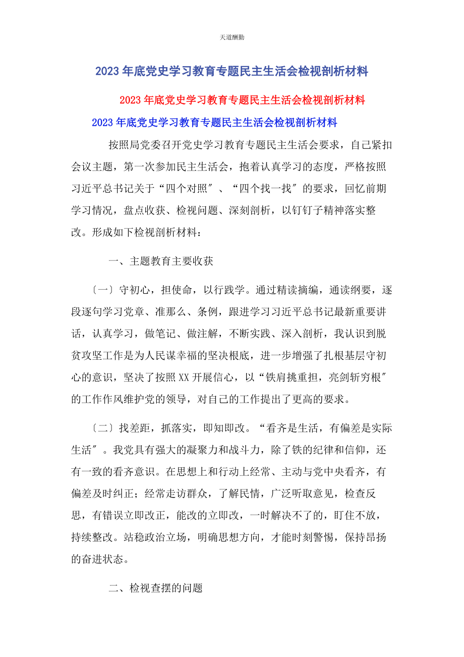 2023年底党史学习教育专题民主生活会检视剖析材料.docx_第1页