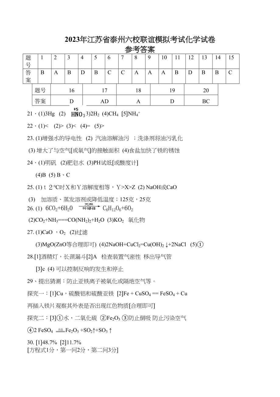 2023年江苏省泰州六校联谊模拟考试化学试卷参考答案初中化学.docx_第1页