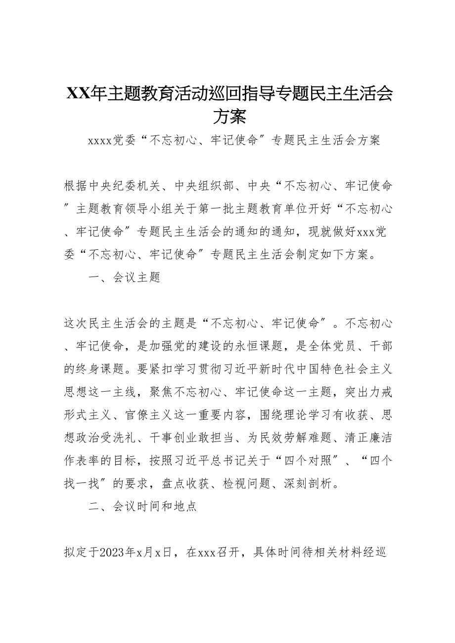 2023年主题教育活动巡回指导专题民主生活会方案.doc_第1页