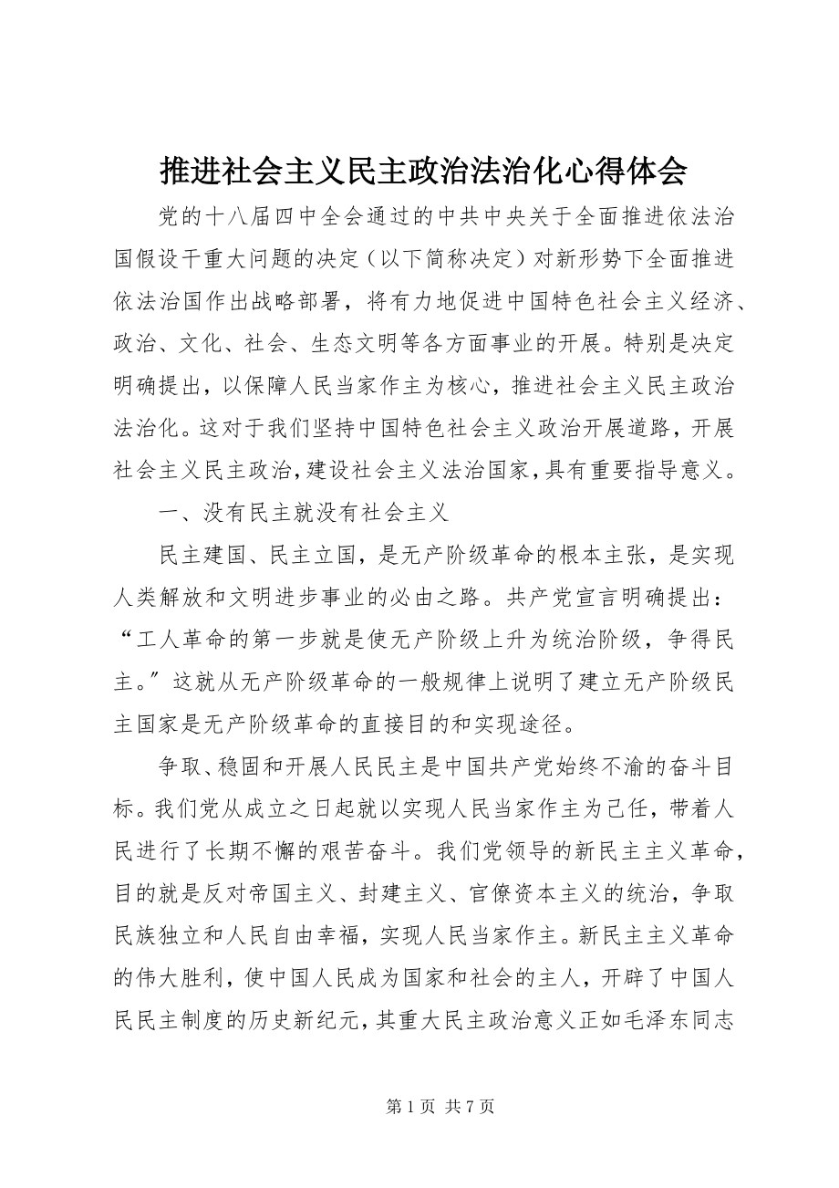 2023年推进社会主义民主政治法治化心得体会.docx_第1页