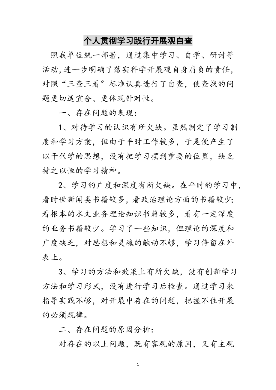 2023年个人贯彻学习践行发展观自查范文.doc_第1页