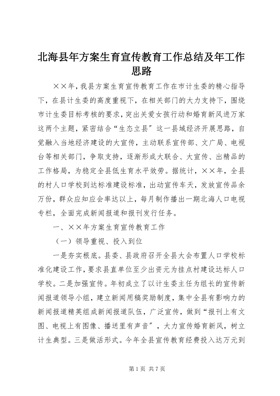 2023年北海县年计划生育宣传教育工作总结及年工作思路新编.docx_第1页