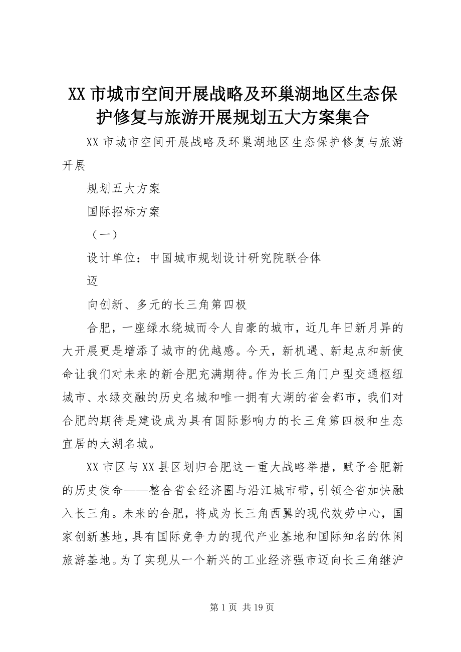 2023年XX市城市空间发展战略及环巢湖地区生态保护修复与旅游发展规划五大方案集合.docx_第1页