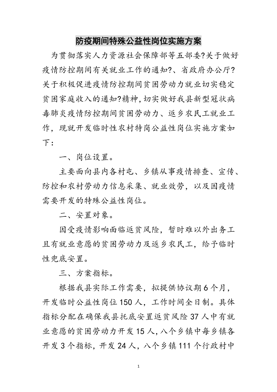 2023年防疫期间特殊公益性岗位实施方案范文.doc_第1页