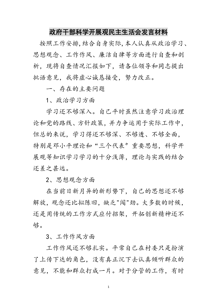 2023年政府干部科学发展观民主生活会发言材料范文.doc_第1页