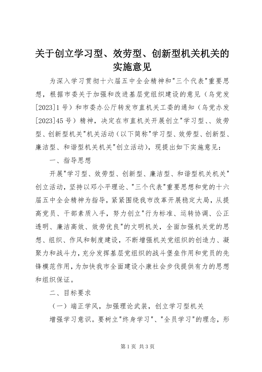 2023年创建学习型、服务型、创新型机关机关的实施意见.docx_第1页