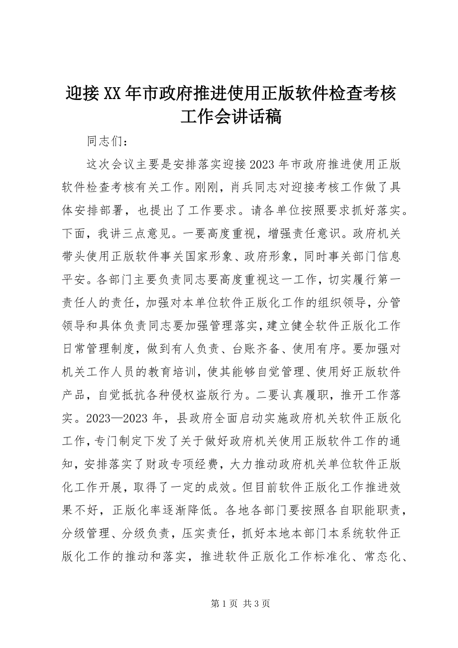 2023年迎接市政府推进使用正版软件检查考核工作会致辞稿.docx_第1页