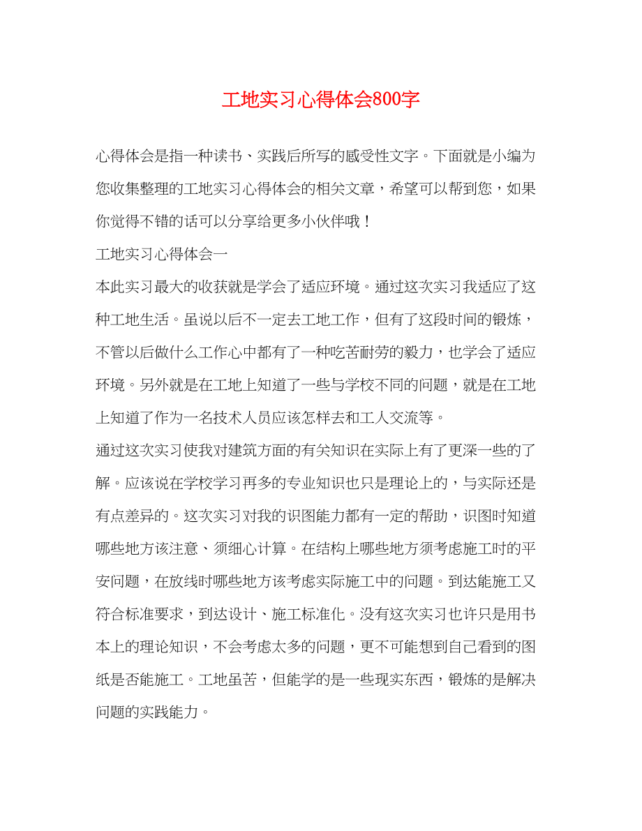 2023年工地实习心得体会800字.docx_第1页