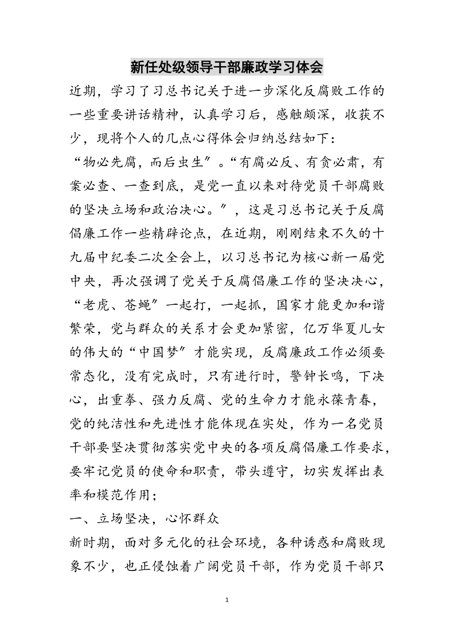 2023年新任处级领导干部廉政学习体会范文.doc_第1页