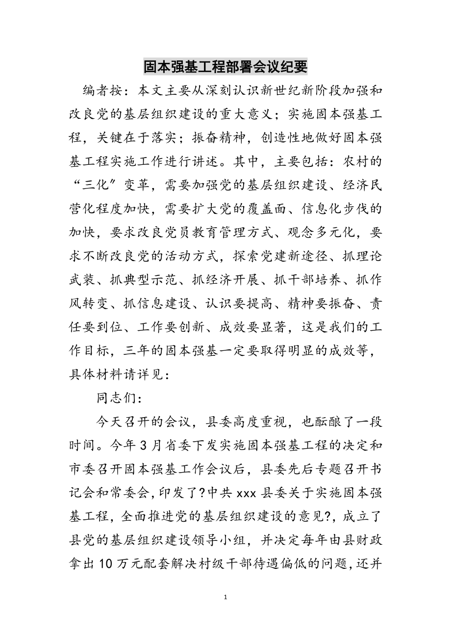 2023年固本强基工程部署会议纪要范文.doc_第1页