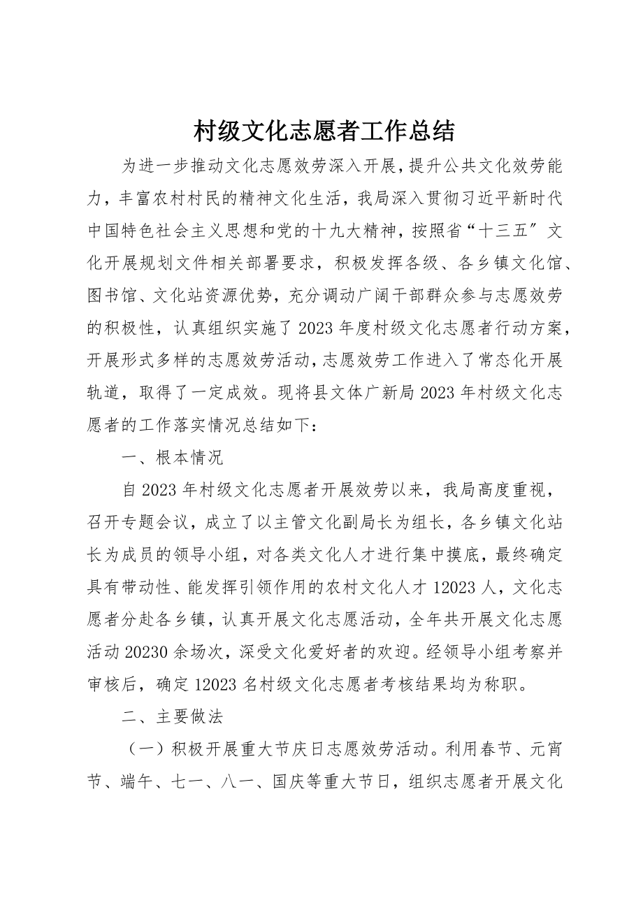 2023年村级文化志愿者工作总结新编.docx_第1页