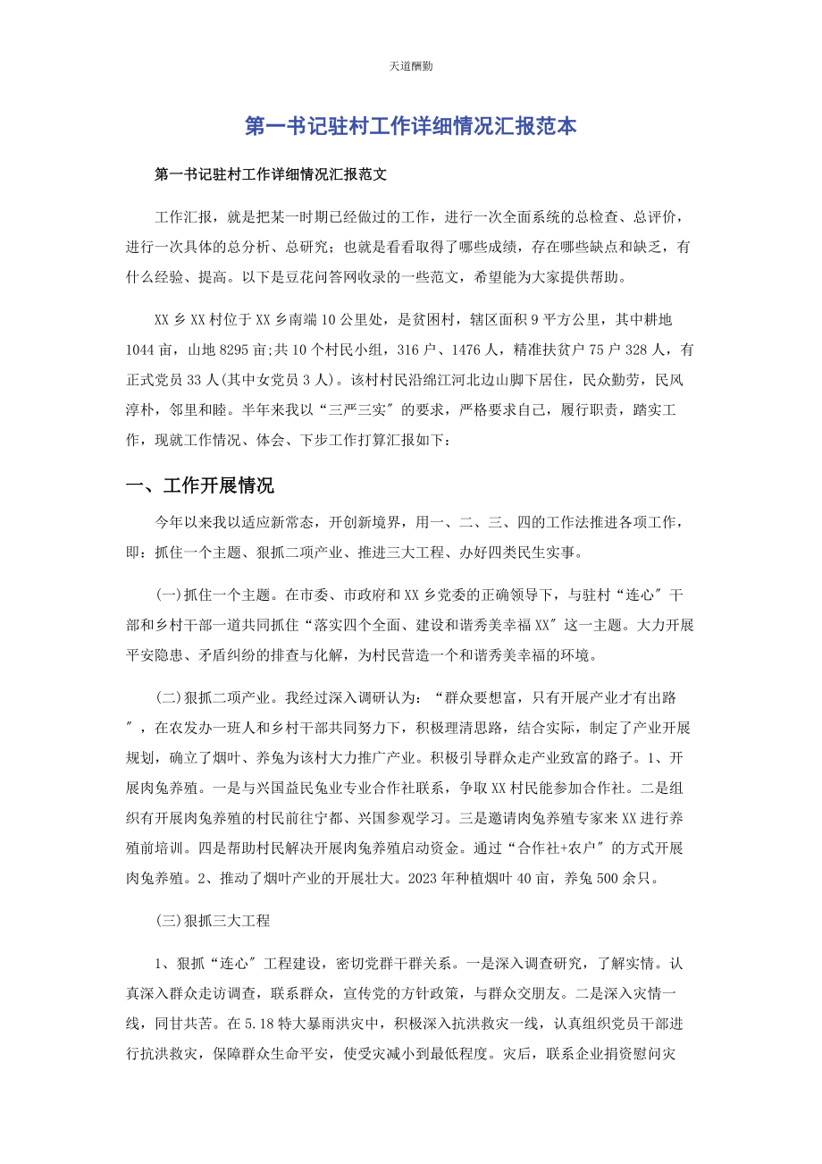 2023年第书记驻村工作详细情况汇报范本范文.docx_第1页