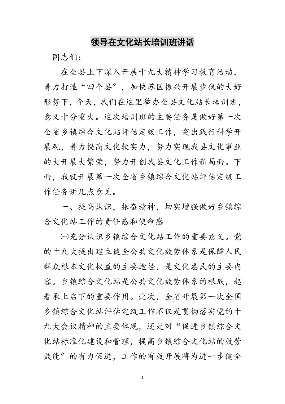 2023年领导在文化站长培训班讲话范文.doc_第1页