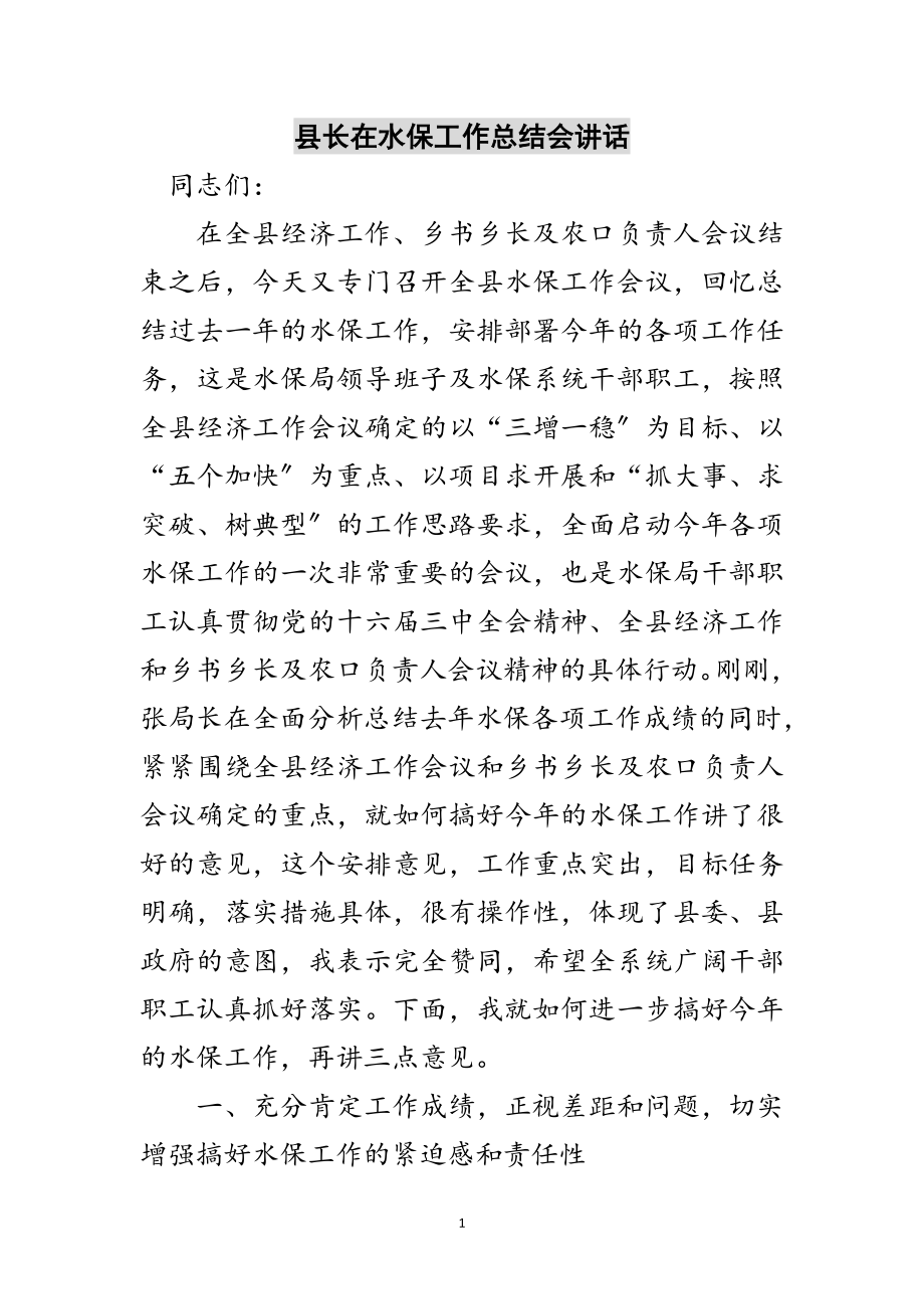 2023年县长在水保工作总结会讲话范文.doc_第1页