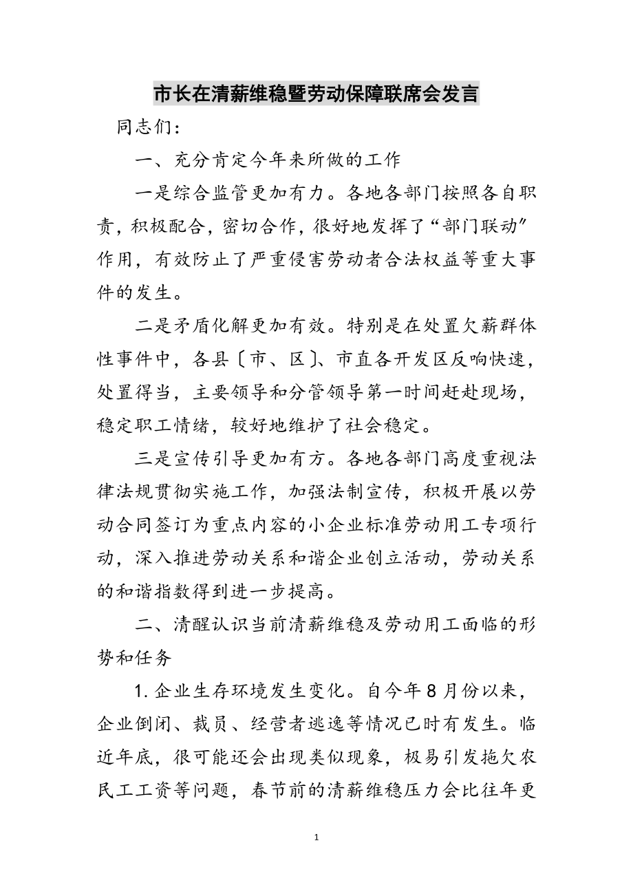 2023年市长在清薪维稳暨劳动保障联席会发言范文.doc_第1页