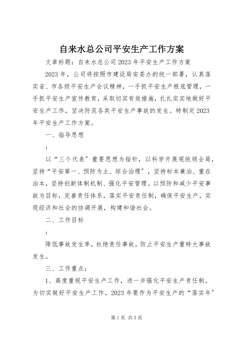 2023年自来水总公司安全生产工作计划.docx_第1页