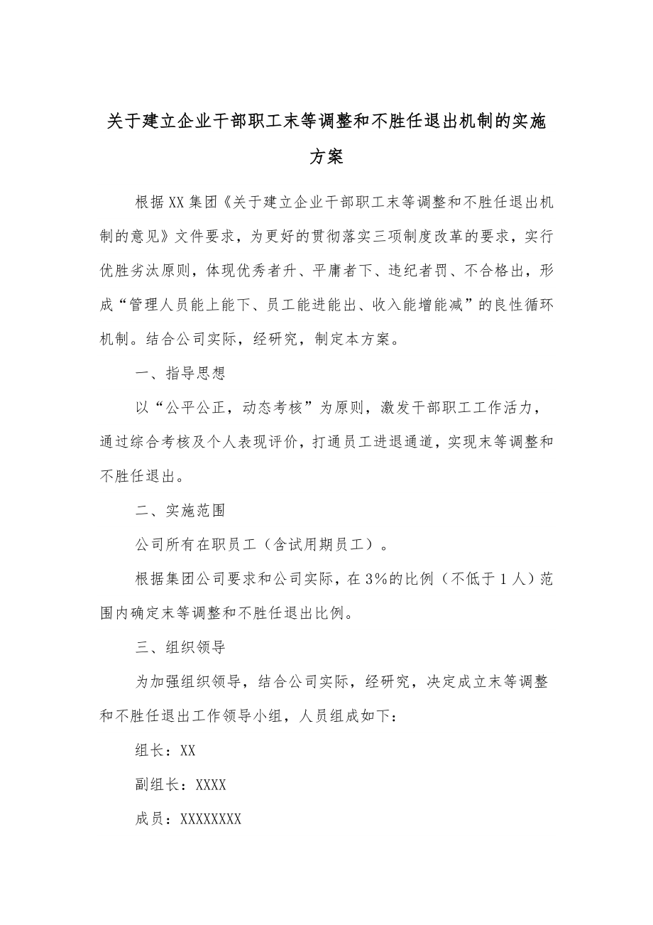 关于建立企业干部职工末等调整和不胜任退出机制的实施方案.docx_第1页