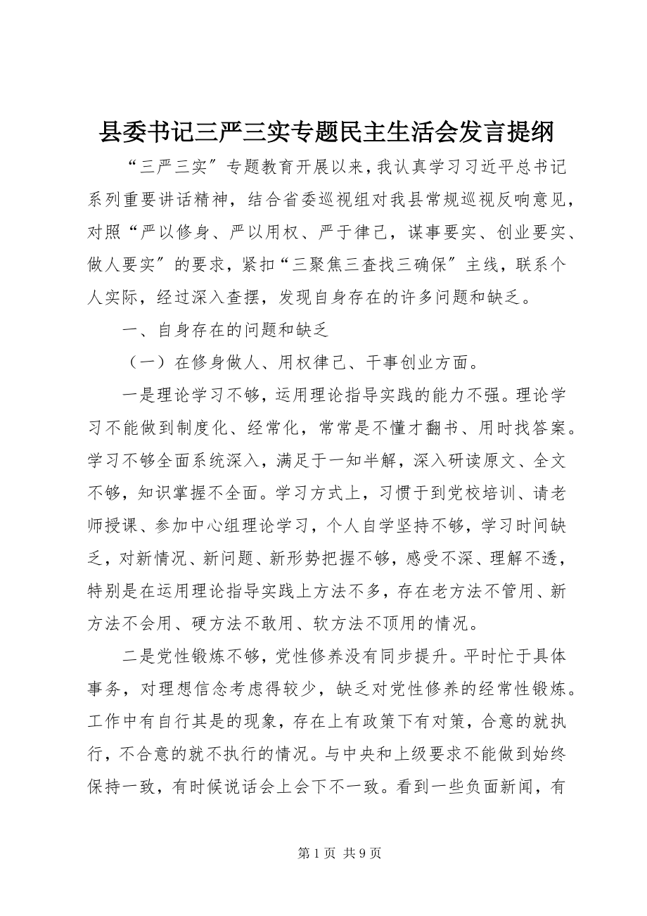 2023年县委书记三严三实专题民主生活会讲话提纲.docx_第1页