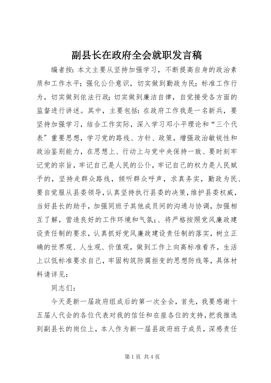 2023年副县长在政府全会就职讲话稿.docx_第1页